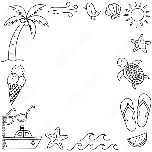 Cute summer beach doodle square frame with palm tree, sun, turtle, boat, ice cream and flip flops on white background with copy space.