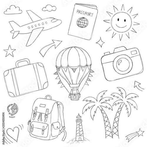 Hand drawn travel doodle set with airplane, passport, suitcase, backpack, hot air balloon, camera, lighthouse and palm trees on white background.