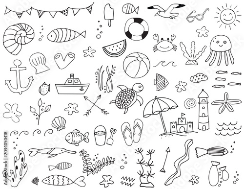 Large hand drawn doodle set of sea life, underwater animals, fish, coral, lighthouse, beach activities and vacation elements on white background.