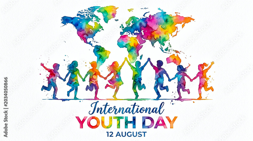 Obraz premium A colorful watercolor illustration depicting children holding hands under a world map for International