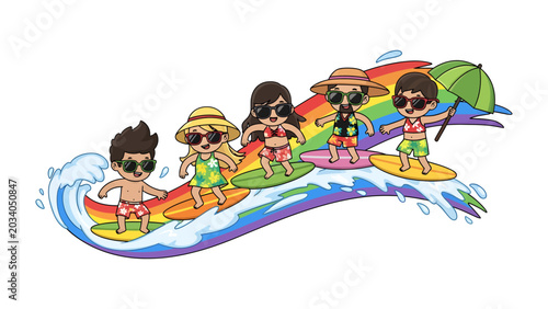 Photography Surfing on Rainbow Waves: A vibrant illustration depicts a diverse group of individuals joyfully surfing on a rainbow, symbolizing pride, summer fun, and inclusivity