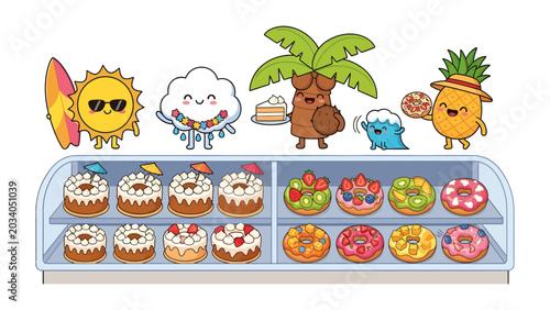 Photography Hawaiian Summer Bakery Display: A whimsical collection of anthropomorphic summer characters, including a surfing sun, a smiling cloud, a palm tree, a wave, and a pineapple