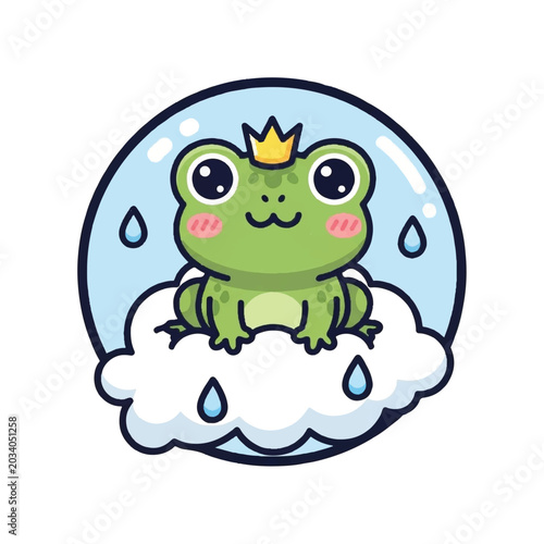Canvas Print Cartoon Frog Wearing Crown Sitting Cloud.
