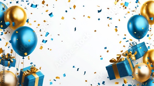 A festive arrangement of blue and gold balloons, gifts, and confetti for a celebration.