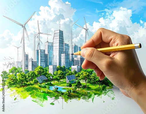 Sustainable cityscape with green technology.
