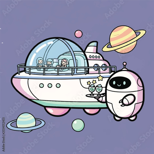 Robot standing next to a spaceship.