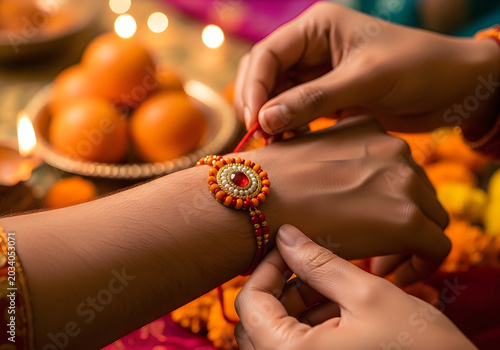 A sisters caring hands tie a beautiful rakhi bracelet onto her brothers wrist during a cherished festive celebration with sweets and lights