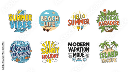 Canvastavla Summer Vibes Collection: A vibrant collection of eight circular and rectangular graphic designs celebrating the essence of summer with tropical imagery and catchy phrases