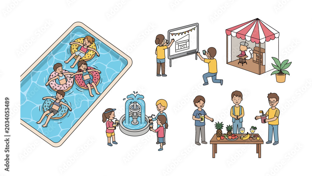 Fototapeta premium Summer Fun Compilation: A vibrant collection of illustrations depicting various leisure activities, including swimming in a pool, celebrating at a fair, and enjoying a picnic.