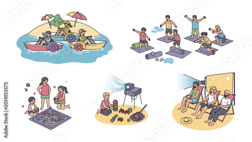 Φωτογραφία Leisure and Recreation Montage: A vibrant collection showcasing diverse recreational activities, including paddle boating on the water, yoga in the park, board games with friends, building toys