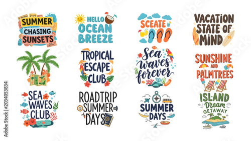 Cuadro en lienzo Summer Vibes Collection: A vibrant assortment of hand-drawn typography designs celebrating the essence of summer, featuring tropical motifs, beach elements, and uplifting phrases