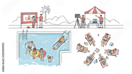 Fotografi Summer Fun Collage: A vibrant collage depicts various aspects of summer leisure, including a pool party with people enjoying inflatable rings and a slide, sunbathers relaxing on lounge chairs