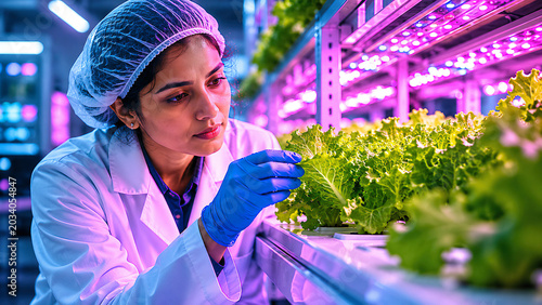 Agricultural Scientist Inspecting Hydroponic Lettuce in High-Tech Vertical Farm