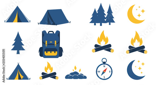 Tableau sur toile Camping Icons Set: Tents, Backpack, Campfire, Trees, Moon, Stars, Compass