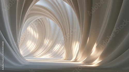 An abstract background of endless white fabric tunnels illuminated by moving sunlight patterns resembling ocean waves, creating a soft, immersive, dreamlike atmosphere.