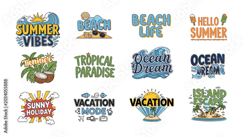 Photos Summer Vibes Collection: A vibrant compilation of twelve unique typographic designs celebrating the essence of summer, featuring playful phrases and beach-themed graphics