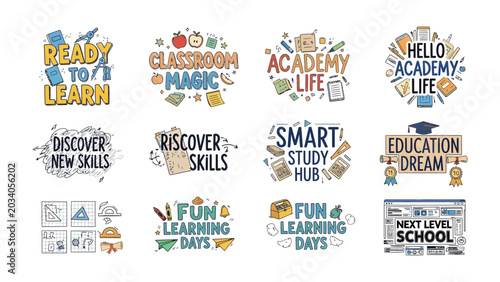 Bild auf Leinwand Education and Learning Graphics Collection: A vibrant compilation of illustrated graphics and text art celebrating education, learning, and academic achievement