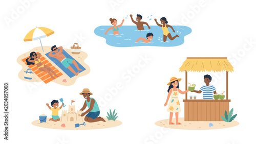 Foto Summer Beach Montage: A vibrant collection of scenes captures the essence of summer vacation – sunbathing on the beach, swimming in the ocean, building sandcastles