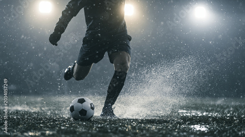 Football player kicking soccer ball on wet field in dramatic rain during competitive night sports match