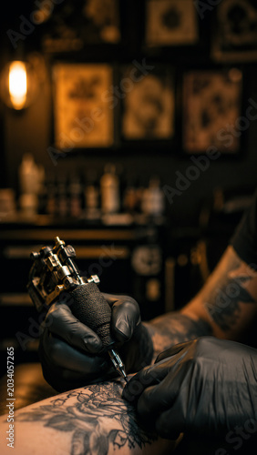Vertical Close-Up of Tattoo Artist Hands with Machine Hovering Over Forearm