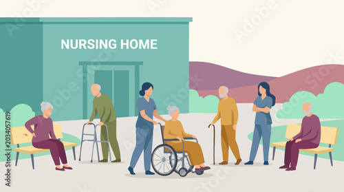 Billede på lærred Elderly care at a nursing home: residents with staff, wheelchair, walker