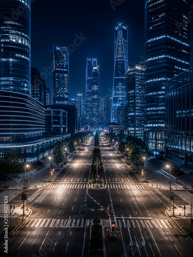 Modern city skyline at night with illuminated skyscrapers and empty streets