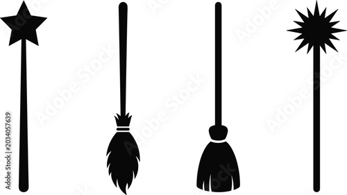 Quadro em tela PrintMagic wands and witch brooms black silhouettes vector set icon elements isolated on white background for Halloween party fantasy fairytale graphic design
