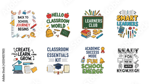 Bild auf Leinwand Collection of School and Education Themed Designs: A vibrant compilation of eight distinct graphic designs celebrating various aspects of education, including learning, creativity