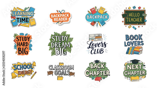 Foto School-Themed Illustrations Collection: A vibrant compilation of graphic elements, featuring motivational phrases and symbols related to learning, reading, and school life