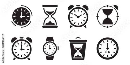 Schilderij op canvas Various timekeeping icons featuring clocks, hourglasses, and a wrist watch for accurate measurement