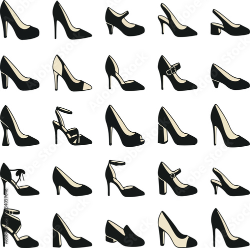 Εκτύπωση καμβά Elegant women's high heel shoes collection, 25 black footwear icons vector set,