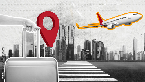 A creative digital collage for travel and tourism concepts, featuring a hand with a suitcase, a red location pin, a flying airplane, and a monochrome city skyline background