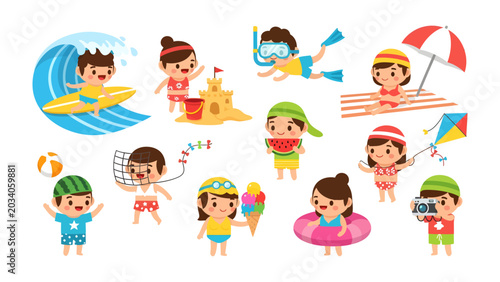 Photography Summer Vacation Fun: A vibrant collection of cartoon children enjoying various beach and summer activities, from surfing and building sandcastles to swimming and eating ice cream
