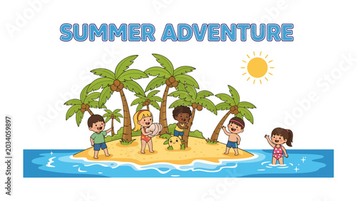 Tableau sur toile Summer Adventure Vacation: A group of happy children enjoy a sunny island vacation, playing on a sandy beach surrounded by palm trees and crystal-clear ocean water