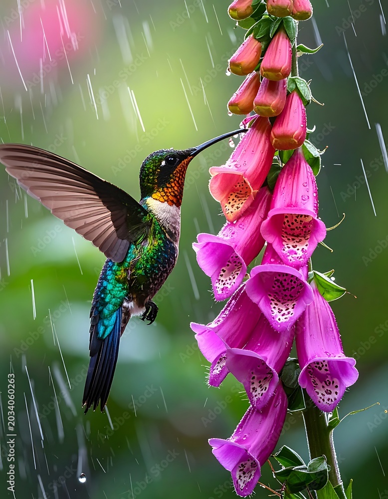 Fototapeta premium Hummingbird feeding on pink flowers rain.