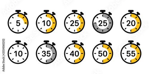 Bild auf Leinwand Set of stopwatch timers showing different countdown durations with yellow accents on transparent