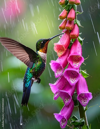 Hummingbird feeding on pink flowers rain.