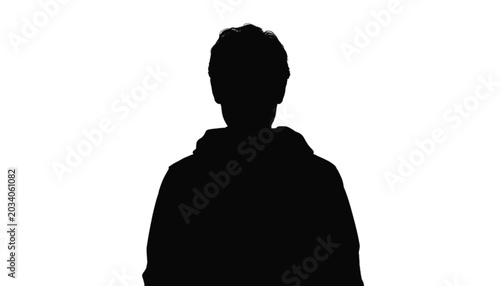 Black silhouette of a person facing forward with detailed hair texture and casual apparel design on transparent background