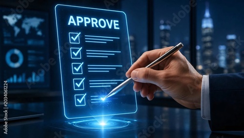 Business approving digital document with futuristic holographic interface