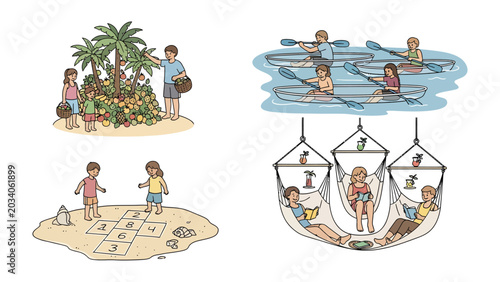 Foto Holiday Activities Collage: A collage showcasing diverse holiday activities including fruit picking, kayaking, playing hopscotch on the beach, and relaxing in hammocks