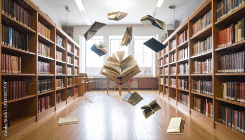An ethereal library where antique books take flight, creating a dreamlike atmosphere of unbound knowledge.