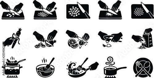 фотографія Culinary knife skills and cooking techniques icon set vector illustrations of fo