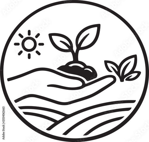 Organic farming icon with hand holding plant inside circle in thin line vector style
