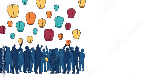 People Releasing Colorful Floating Lanterns Illustration