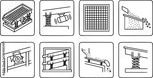 Bild auf Leinwand Industrial Vibrating Screen, Sifter, and Feeder Line Art Icons Set