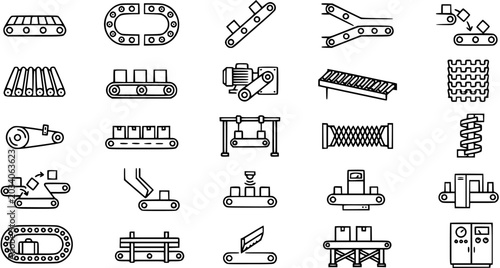 Industrial and Logistics Conveyor Belt Systems Black and White Line Art Icons Set for Manufacturing Automation and Factory Production