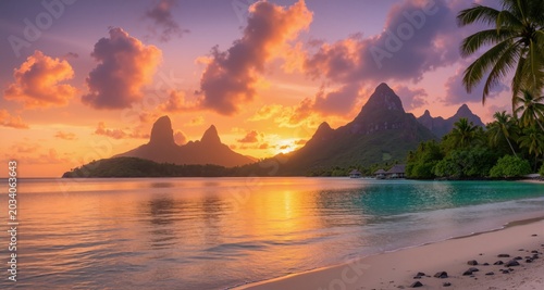 Paradise get-away Environment in Bora Bora. Tourism wallpaper with Majestic Sunrise Beach.
