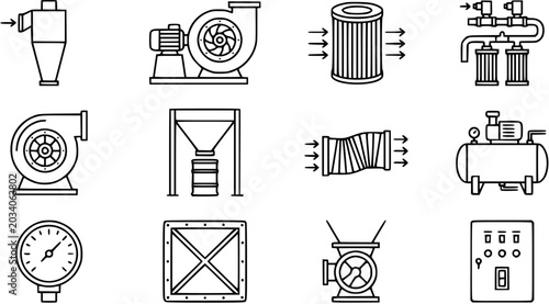 Bild auf Leinwand Industrial Process, Air Handling, and Manufacturing Equipment Line Art Icons Set