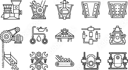 Bild auf Leinwand Mining and Industrial Processing Machinery Line Icons Set