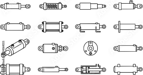 Fotografie Industrial Engineering Hydraulic and Pneumatic Cylinders Line Art Icons Set